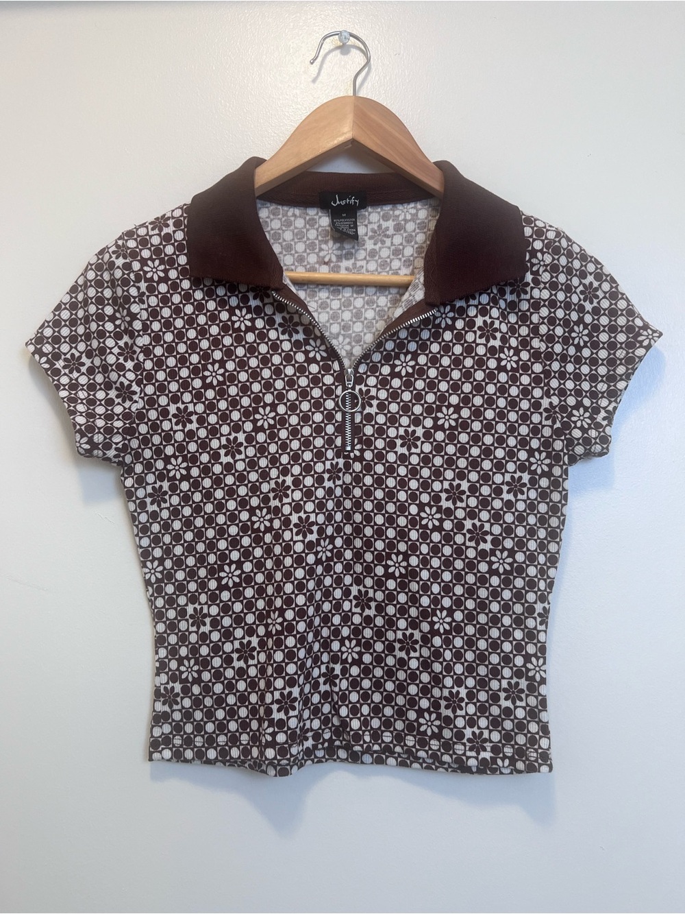 Justify Y2K Brown Retro Zip Polo Top Medium Baby Tee 90s Floral Geometric